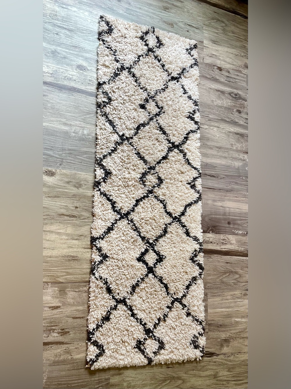 Cream & Brown Geometric Shag Runner Rug – Approx. 19.5” x 59.5”